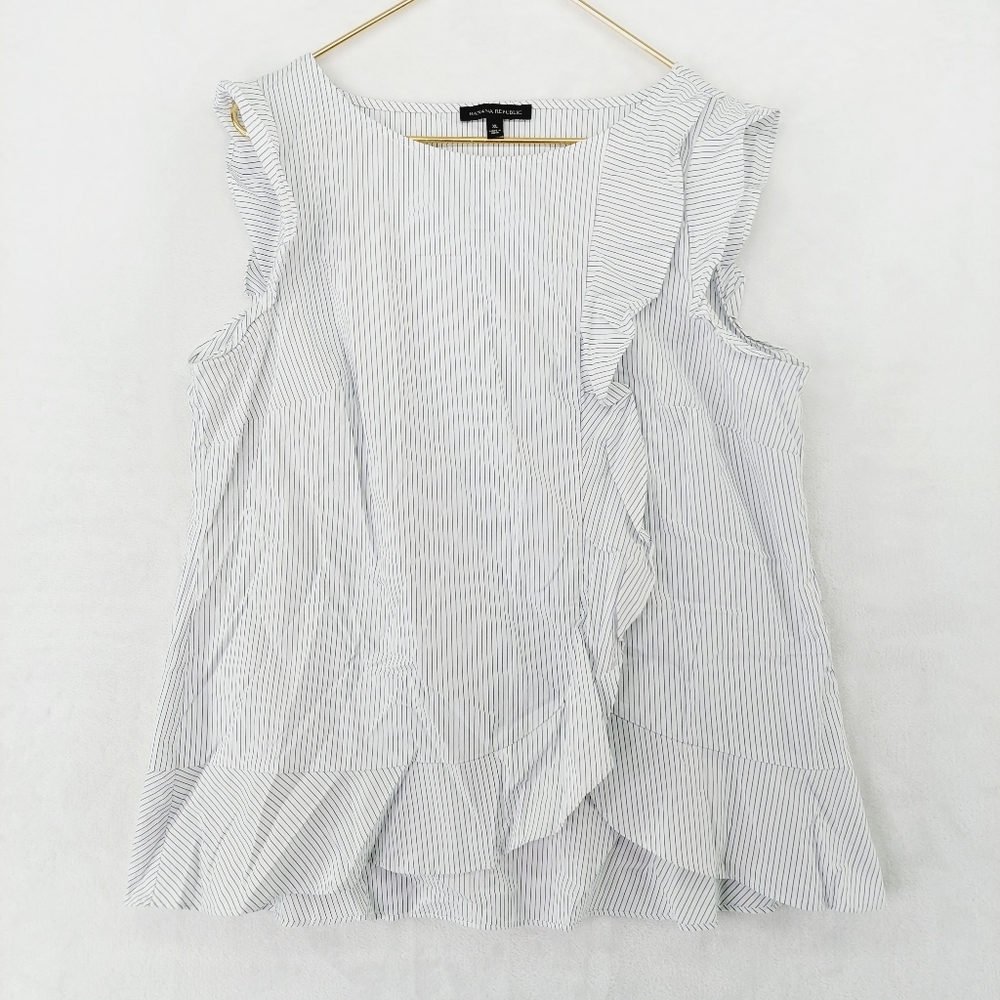 Banana Republic White Blue Fine Stripe Cotton Ruffle Front Sleeveless Top P2540